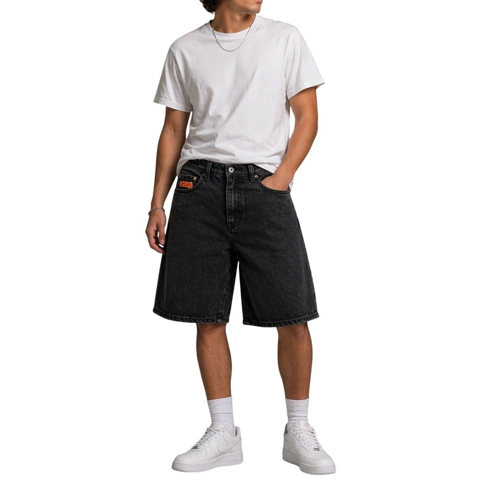 Empyre Scando Baggy Denim Skate Shorts 28 Black Graffiti Spray Can Embroidered